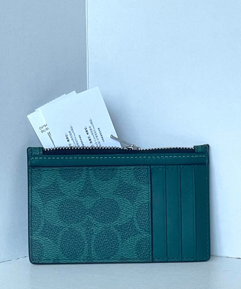 Coach CV764 Sea Green Signature Canvas Zip Card Case